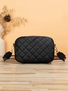 Fashionable Square Bag Quilted Pattern Zipper Adjustable Strap PU - Black - View 2