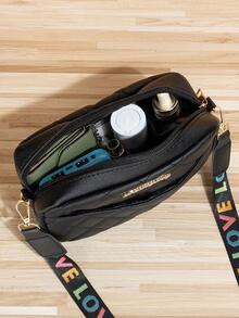 Fashionable Square Bag Quilted Pattern Zipper Adjustable Strap PU - Black - View 4
