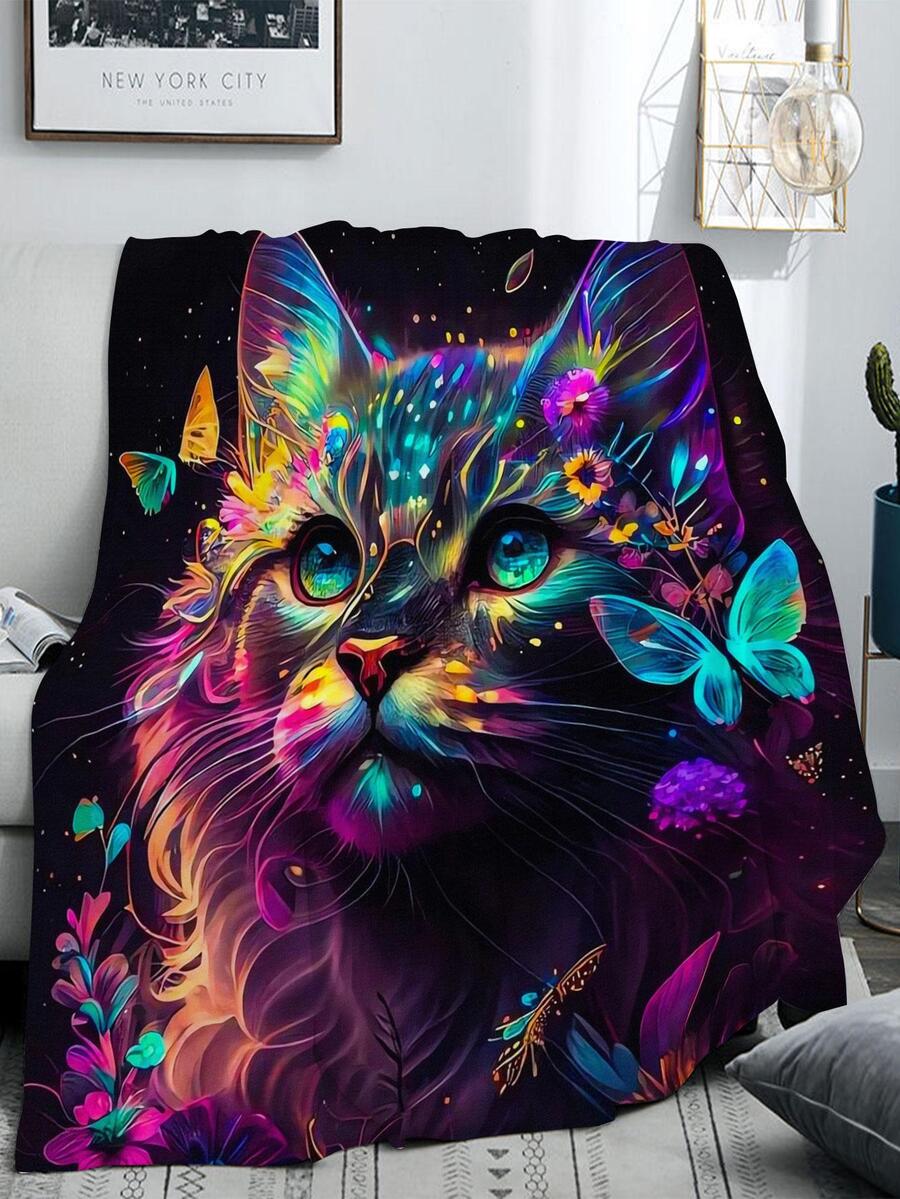 1pc Cat Pattern Blanket, Modern Colorful Soft Polyester Throw Blanket For Household - Multicolor - View 1