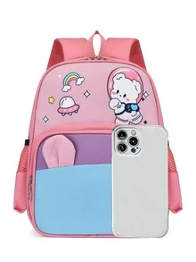 Chicas 1 pieza Mochila clásica oso & con patrón de arcoíris con diseño de oreja impermeable cremallera - Rosa - Ver 5