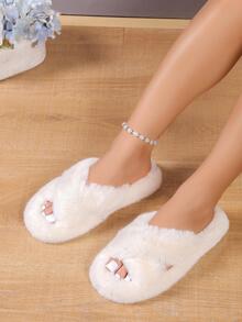 Women Criss Cross Flat Sandals, Glamorous Beige Fluffy Slide Sandals For Spring And Summer - Beige - View 4
