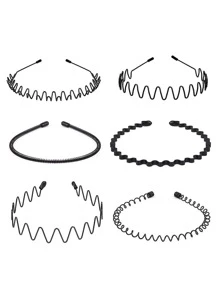 6pcs Men Solid Wave Design Non-slip Casual Headband For Daily Life - Black - View 5