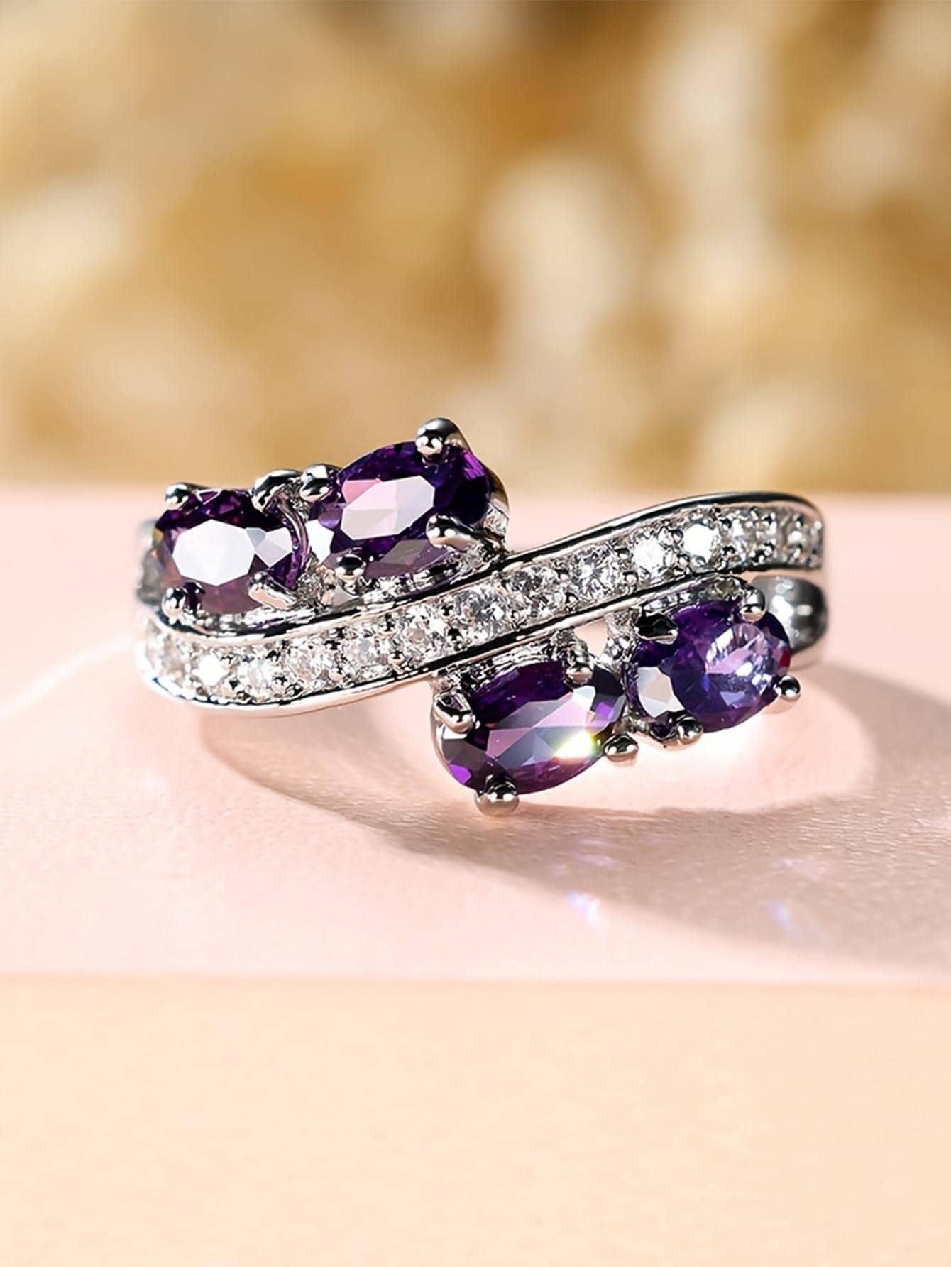 方晶鋯石裝飾纏繞式戒指 - 紫色 - 查看 1