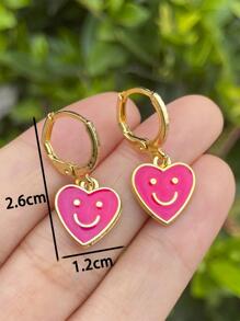 一對粉紅琺瑯心形笑臉吊式耳環 - 玫紅色 - 查看 3