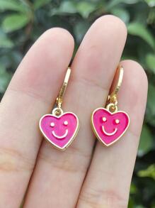一對粉紅琺瑯心形笑臉吊式耳環 - 玫紅色 - 查看 2