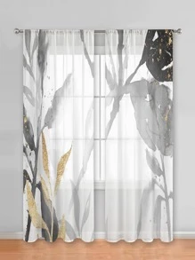 2入組樹葉圖案窗簾，復古滌綸濾光隱私透明窗簾適用於客廳和臥室 - 彩色 - 查看 1