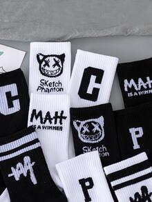 10pairs Men Letter Graphic Crew Socks - Black and White - View 3