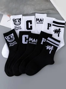 10pairs Men Letter Graphic Crew Socks - Black and White - View 1