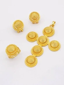 女士黃金鍍層婚禮鑽石珠寶套裝價值,包括頸鏈、吊墜、耳環、戒指等,給新娘和妻子作為禮物 - 紅色 - 查看 3