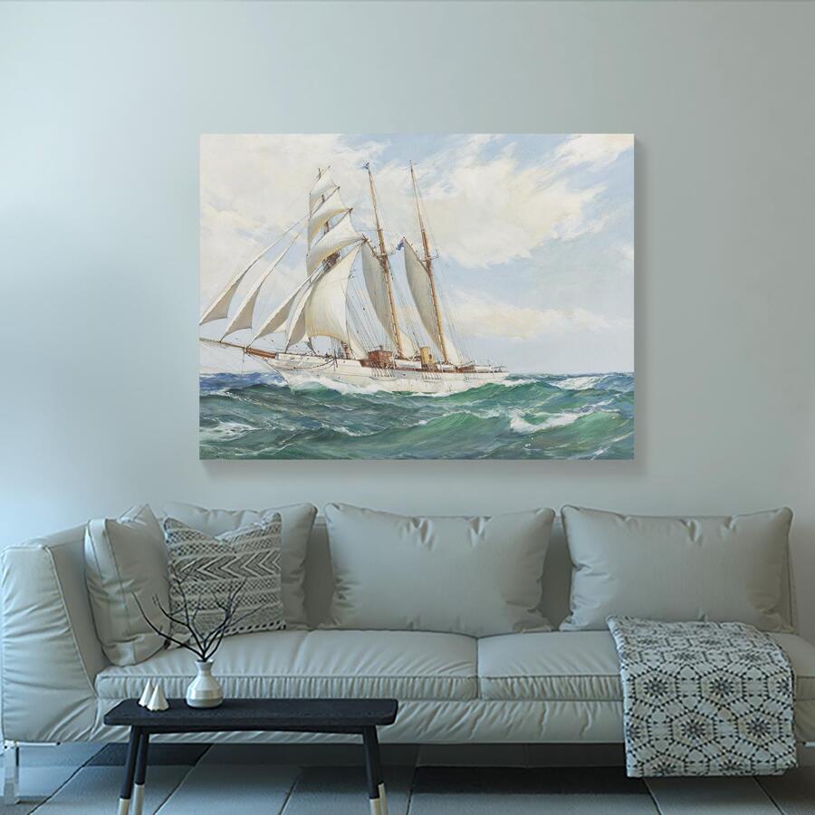 Sailboat Abstract Wall Art Sea-wave Seascape Abstract Canvas Oil Paintings Colorful Wooden Framed Canvas Prints for Living Room Bedroom Bathroom Home Decor - w04 - View 1