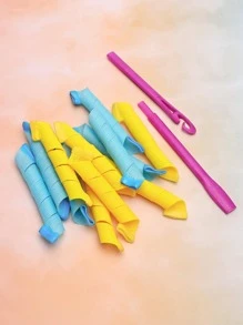12pcs Yellow & Blue (+1 Pair Of Hair Hooks) Hair Rollers Curler Set, No Damage To Hair, Suitable For Creating Water Ripple/wave/ Automatic Curly Hair/ Sleeping Use - Multicolor - View 4