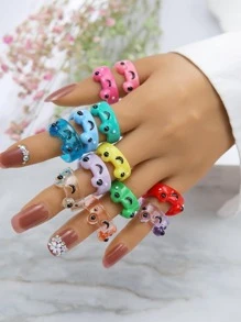 12枚多色树脂心形发光可爱Y2K个性化青蛙、泰迪熊戒指，适合女性日常佩戴，情人节礼物 - 彩色 - 查看 1