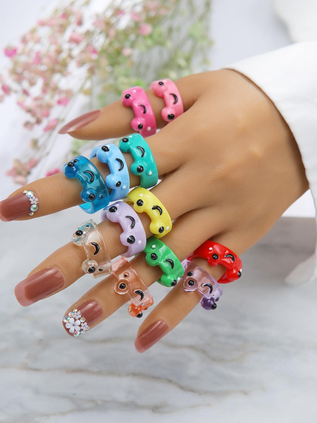 12枚多色树脂心形发光可爱Y2K个性化青蛙、泰迪熊戒指，适合女性日常佩戴，情人节礼物 - 彩色 - 查看 1