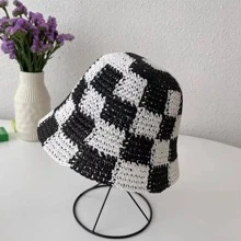 1 Mũ Rơm Boho Cho Nữ Họa Tiết Ca Rô Cho Mùa Hè - màu đen - Xem 4