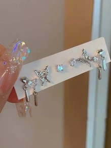 6 对/套心形和蝴蝶形方晶锆石耳钉套装，适合女士，适合约会和度假，情人节、妈妈、母亲、母亲节、礼物 - 銀色 - 查看 2