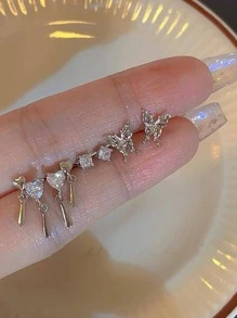 6 对/套心形和蝴蝶形方晶锆石耳钉套装，适合女士，适合约会和度假，情人节、妈妈、母亲、母亲节、礼物 - 銀色 - 查看 1