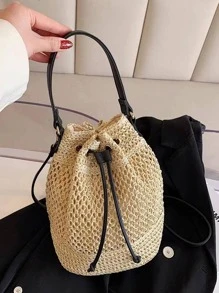 Straw Bag Woven Bucket Bag Women's Drawstring Shoulder Bag For Vacation - Beige - View 1