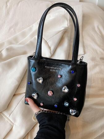 Large Capacity Fashion Solid Colour Rhinestone Decor Chain Crossbody Shoulder Tote Bag