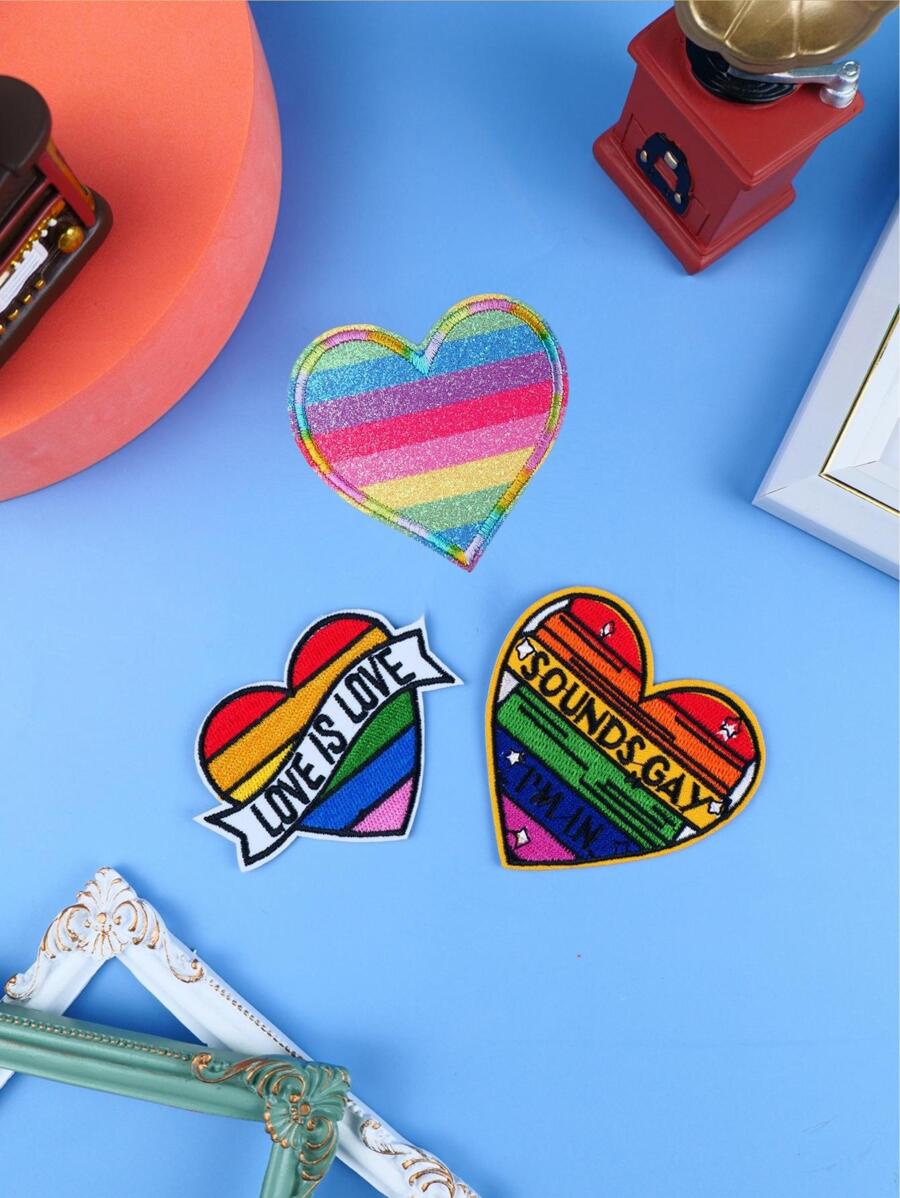 3pcs Heart Shaped Iron-on Patch, Cartoon Polyester Patch For DIY Sewing - Multicolor - View 1