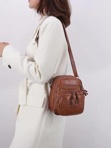 Mini Square Bag Solid Colour Zipper Adjustable Strap PU Fashionable - Brown - View 5