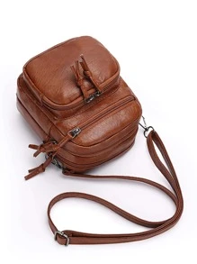 Mini Square Bag Solid Colour Zipper Adjustable Strap PU Fashionable - Brown - View 6