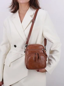 Mini Square Bag Solid Colour Zipper Adjustable Strap PU Fashionable - Brown - View 4