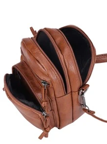 Mini Square Bag Solid Colour Zipper Adjustable Strap PU Fashionable - Brown - View 8