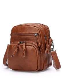 Mini Square Bag Solid Colour Zipper Adjustable Strap PU Fashionable - Brown - View 1