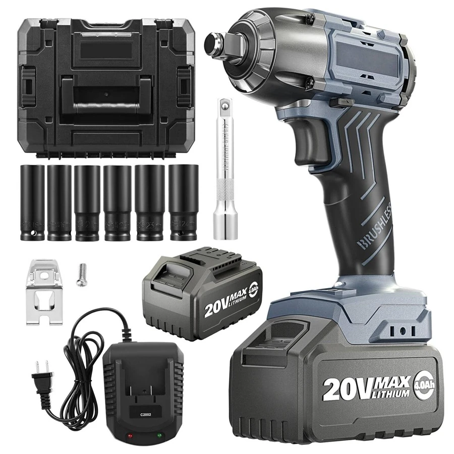 Cordless Impact Wrench 475Ft-lb/650Nm Brushless Impact Wrench 1/2 inch 2300RPM/2800RPM High Torque Impact Gun with 2 * 4000mAh Removable Battery, 6 Sockets, Fast Charger, Extension Rod, Tool Case - 深灰色 - 查看 1