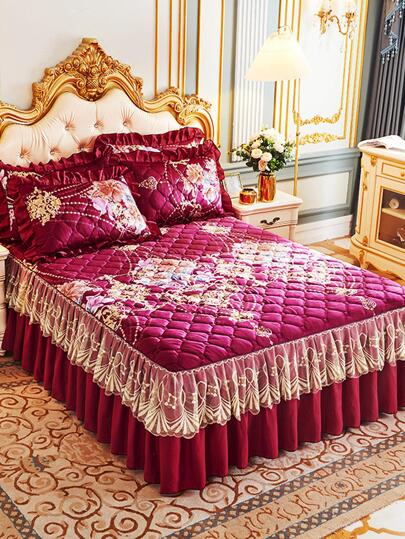 1pc Flower Pattern Ruffle Decor Bed Skirt, Modern Fabric Bedding Bed Skirt For Bedroom