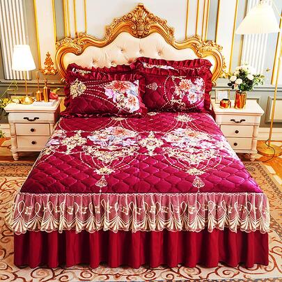 1入組花卉圖案荷葉邊裝飾床裙，臥室現代布藝床上用品床裙