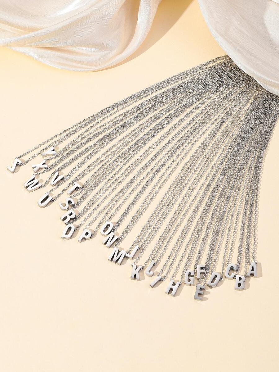 字母吊墜項鍊 - 銀色 - 查看 1