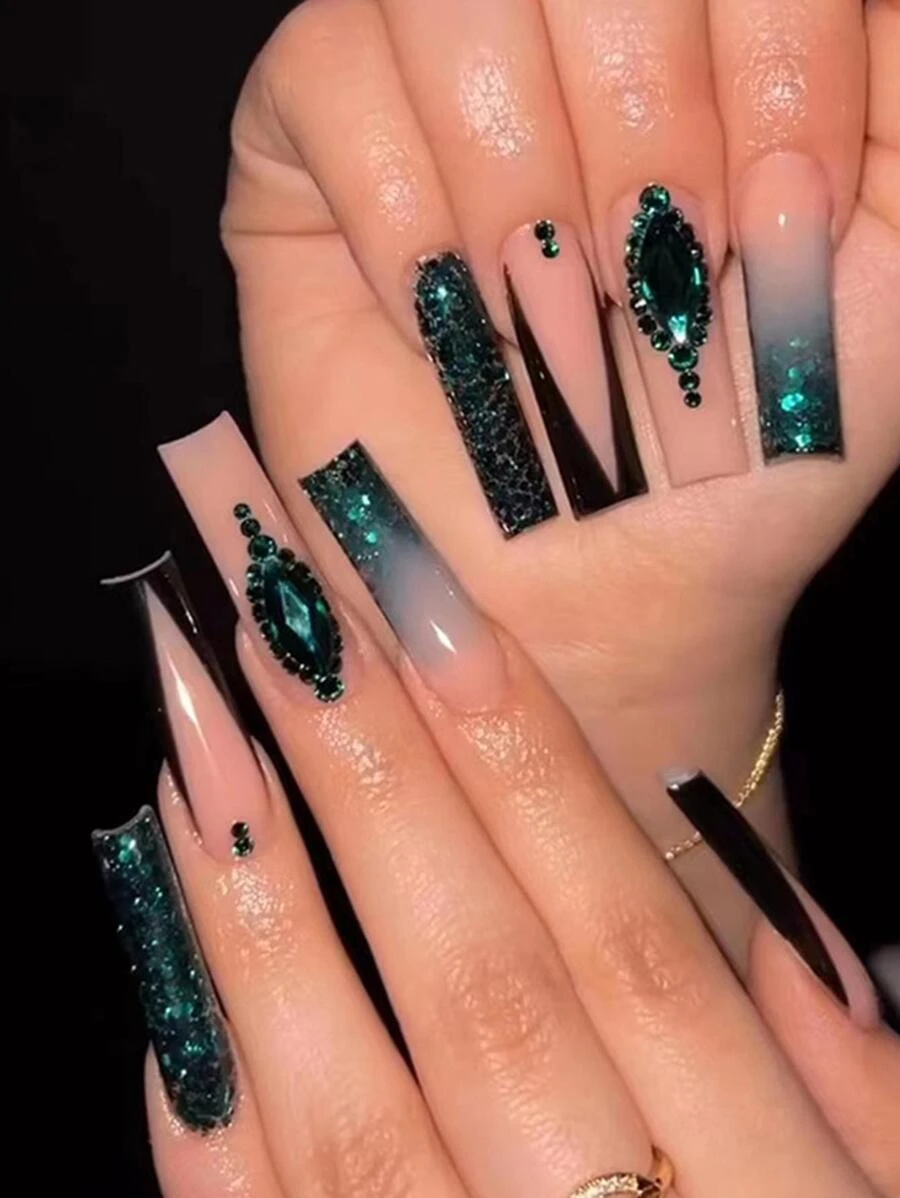 Nâng tầm vẻ ngoài của bạn ngay lập tức với 24 móng tay dài hình quan tài theo phong cách Pháp màu đen với đá quý màu xanh ngọc lục bảo, bộ móng tay phong cách châu Âu đầy đủ với 1 gel thạch và 1 dũa móng - Nhiều màu - Xem 1