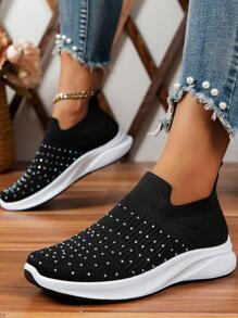 Sporty Running Shoes For Women, Knit Detail Rhinestone Decor Slip-on Sneakers - Black - View 1