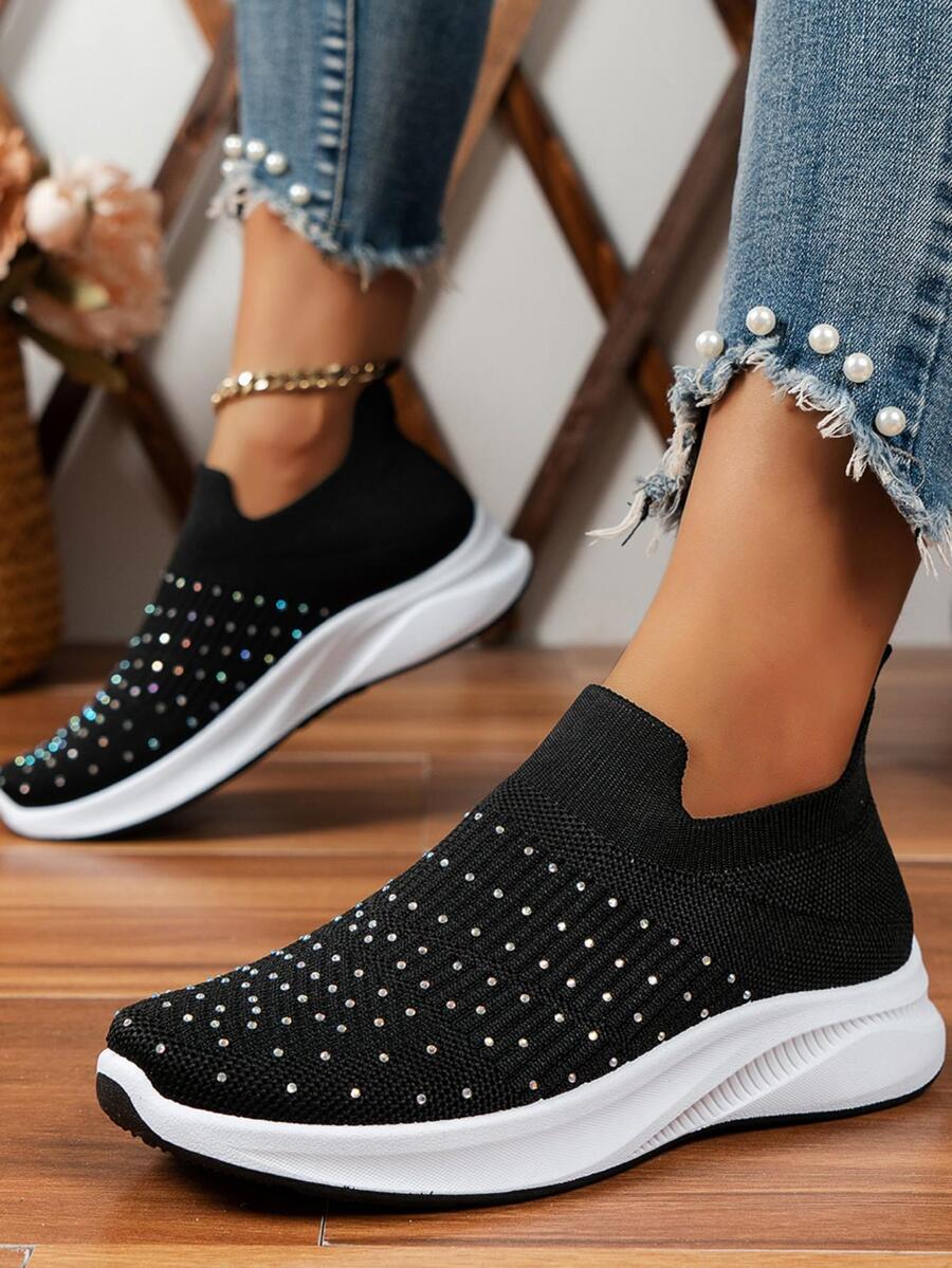 Sporty Running Shoes For Women, Knit Detail Rhinestone Decor Slip-on Sneakers - Black - View 1