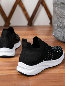 Sporty Running Shoes For Women, Knit Detail Rhinestone Decor Slip-on Sneakers - Black - View 4