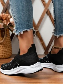 Sporty Running Shoes For Women, Knit Detail Rhinestone Decor Slip-on Sneakers - Black - View 2