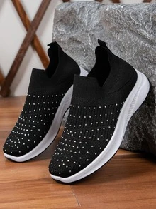 Sporty Running Shoes For Women, Knit Detail Rhinestone Decor Slip-on Sneakers - Black - View 5
