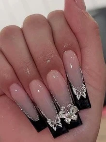 Instantly Enhance Your Look With 24pcs Long Coffin-shaped French Fake Nails, Alloy, Rhinestone & Butterfly Decor, 1pc Nail Tape & 1pc Nail File Included - Multicolor - View 1