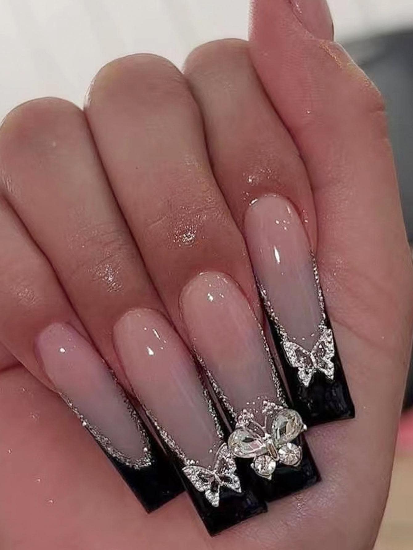 Instantly Enhance Your Look With 24pcs Long Coffin-shaped French Fake Nails, Alloy, Rhinestone & Butterfly Decor, 1pc Nail Tape & 1pc Nail File Included - Multicolor - View 1