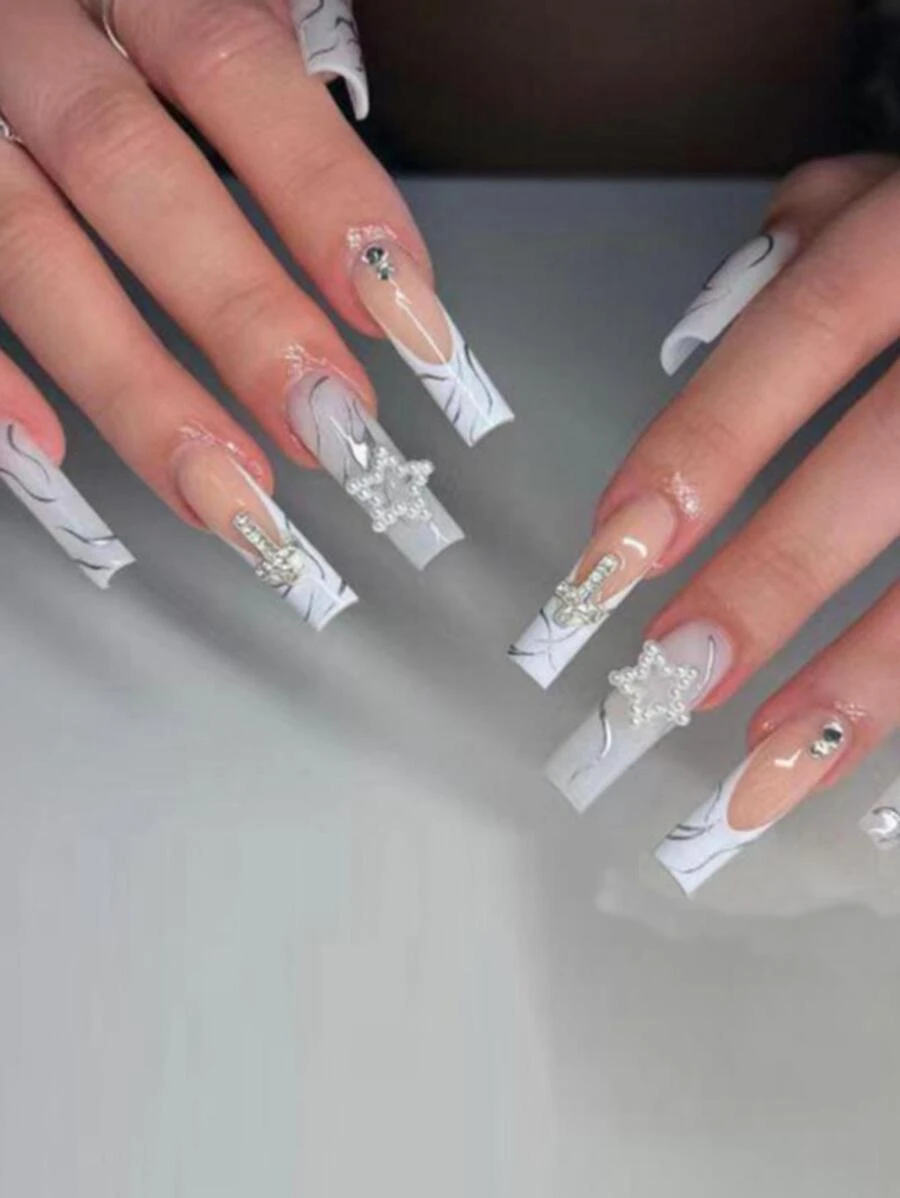 24pcs/set Long Coffin-shaped Gray French Rhinestone Press On Nails With 1pc Nail Tape And 1pc Nail File For Instantly Manicure Kit Enhancing Your Style - Multicolor - View 1