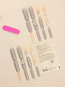 24pcs/set Long Coffin-shaped Gray French Rhinestone Press On Nails With 1pc Nail Tape And 1pc Nail File For Instantly Manicure Kit Enhancing Your Style - Multicolor - View 4