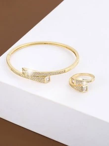 2入組/套精美方晶鋯石裝飾袖口首飾套裝適合女士適用於禮品 - 金色 - 查看 3