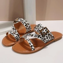Women Leopard Pattern Buckle Decor Flat Sandals, Elegant Slide Sandals For Summer - Black and White - View 5