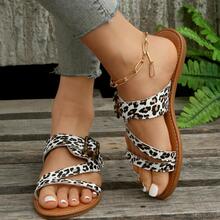 Women Leopard Pattern Buckle Decor Flat Sandals, Elegant Slide Sandals For Summer - Black and White - View 2