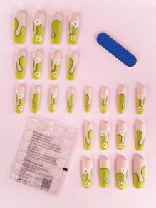 Get Glamorous With 24pcs Long Coffin Daisy Swirl French Floral Print Full Cover Fake Nail Set - Multicolor - View 2