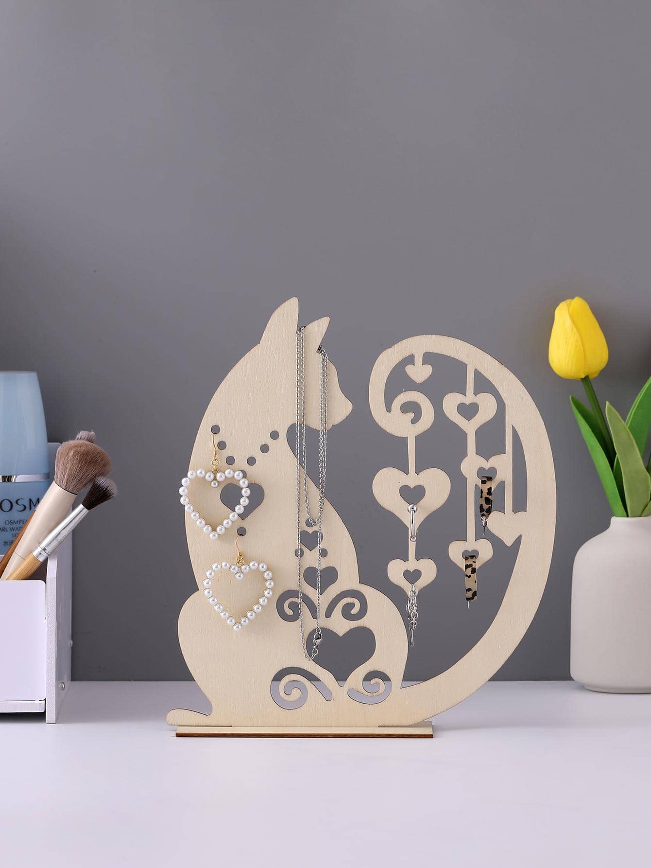 1pc Cat Design Jewelry Rack, Cute Creative Wooden Jewelry Display Holder, For Home - Apricot - View 1