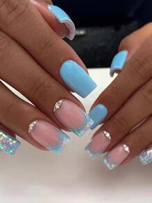 Dive Into Timeless Beauty and Sophistication With 24pcs Long French Blue Rhinestone Decorated False Nail Tips With 1pc Nail File, 1pc Nail Tape - Multicolor - View 1