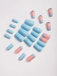 Dive Into Timeless Beauty and Sophistication With 24pcs Long French Blue Rhinestone Decorated False Nail Tips With 1pc Nail File, 1pc Nail Tape - Multicolor - View 3