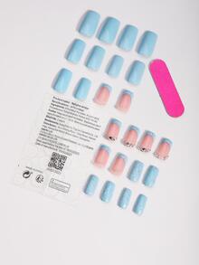 Dive Into Timeless Beauty and Sophistication With 24pcs Long French Blue Rhinestone Decorated False Nail Tips With 1pc Nail File, 1pc Nail Tape - Multicolor - View 2